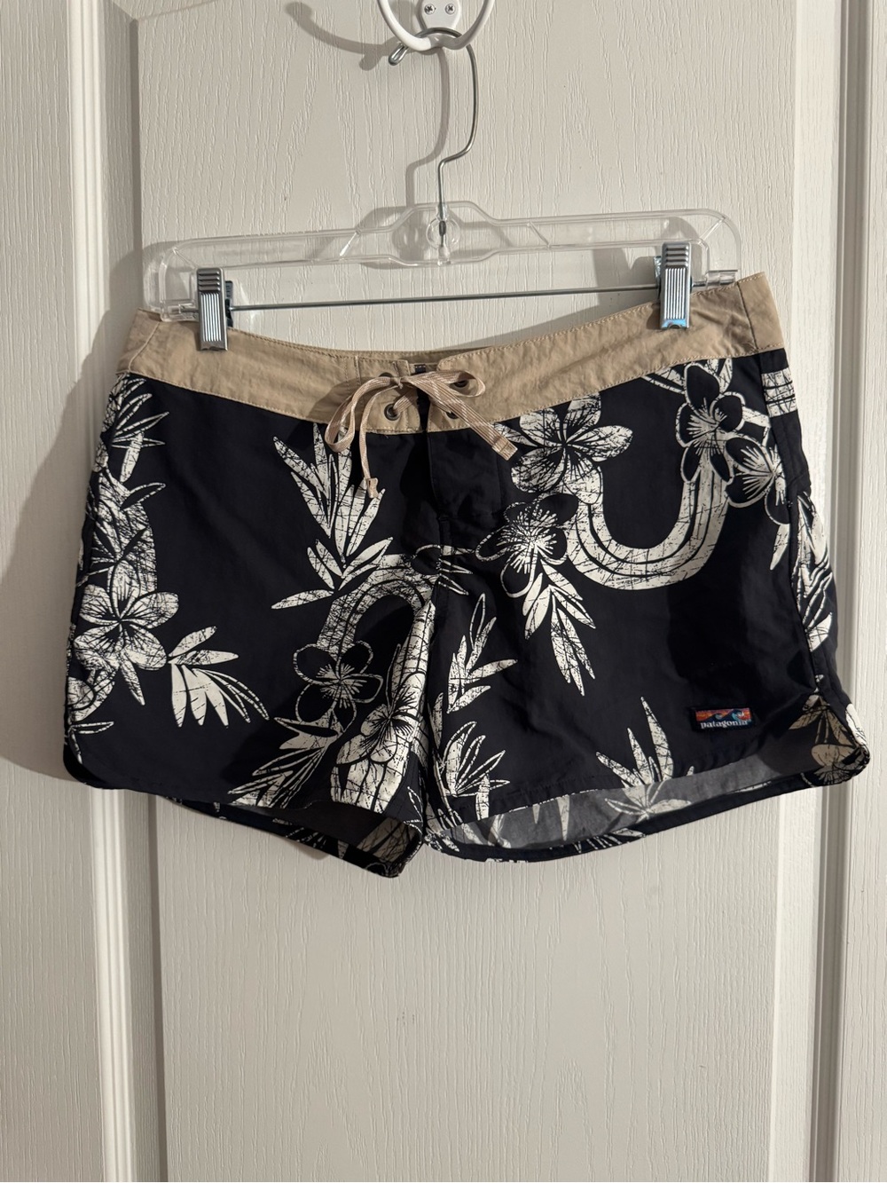 Patagonia Black Swim Shorts with White Floral Print